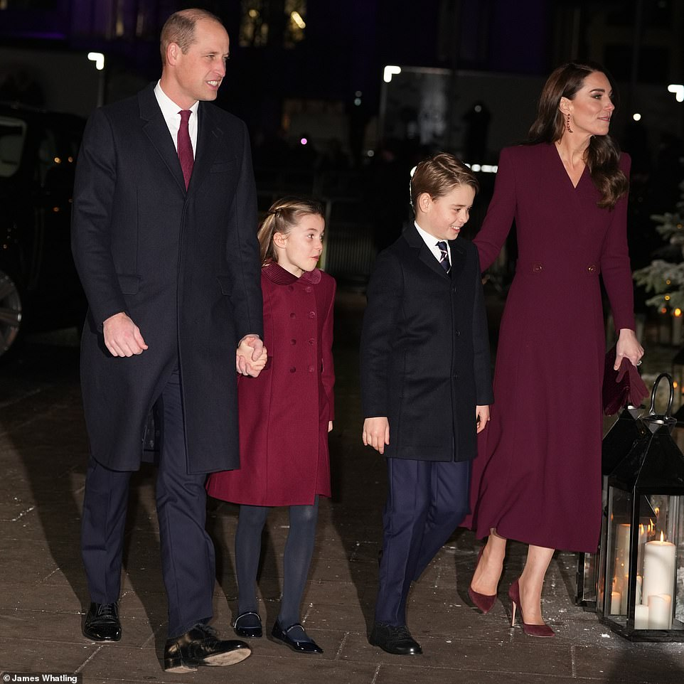 Prince William, Princess Charlotte, Prince George, and the Princess of Wales attend the Christmas carol service at Westminster Abbey