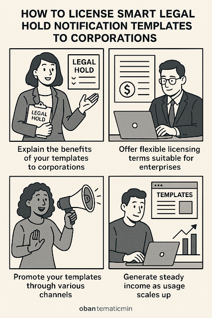 A four-panel comic titled "How to License Smart Legal Hold Notification Templates to Corporations":  Panel 1: A woman in professional attire holds a document labeled "Legal Hold" and gestures confidently. A wall chart beside her reads “LEGAL HOLD.” Caption: "Explain the benefits of your templates to corporations."  Panel 2: A man in a business suit sits at a desk with a laptop. Behind him is a contract with a dollar symbol. Caption: "Offer flexible licensing terms suitable for enterprises."  Panel 3: A cheerful woman speaks into a megaphone, representing outreach and marketing efforts. Caption: "Promote your templates through various channels."  Panel 4: A man monitors a rising bar graph and a webpage labeled “TEMPLATES” on his laptop, showing successful sales growth. Caption: "Generate steady income as usage scales up."