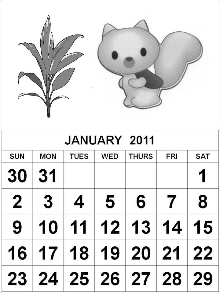 Black and White Cute Cartoons 2011 Calendar Coloring Pages - January 2011