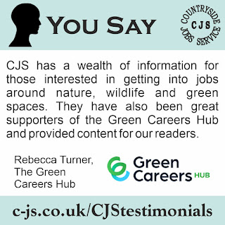 Infographic detailing a testimonial that says "CJS has a wealth of information for those interested in getting into jobs around nature, wildlife and green spaces"