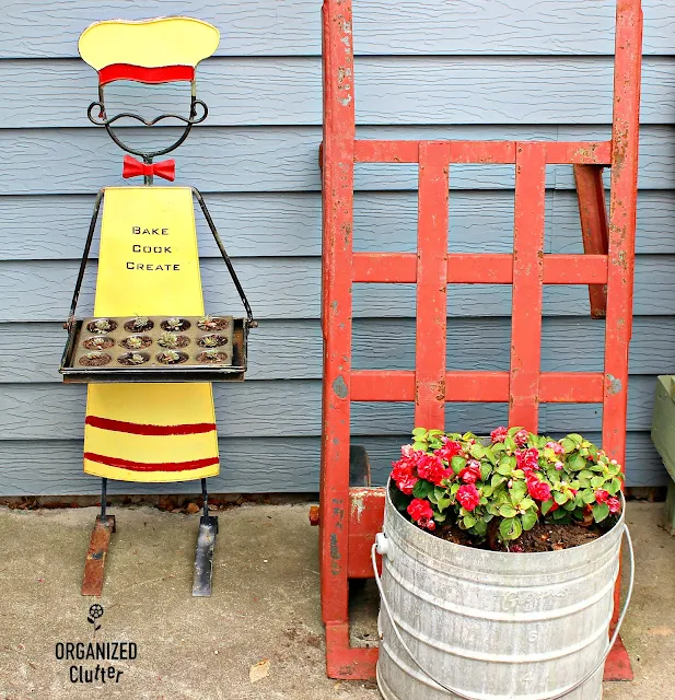 Garage Sale Outdoor Baker/Chef Plant Holder & Sempervivum #henandchicks #oldsignstencils #garagesalefind #containergardening