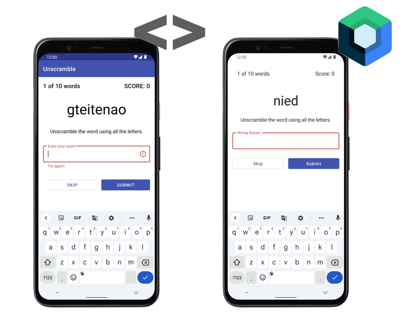 Image if two phone screens side by side showing the 'unscramble the word' concept being used in Android Basics in Kotlin course (left) and in Jetpack Compose for Android Developers (right)