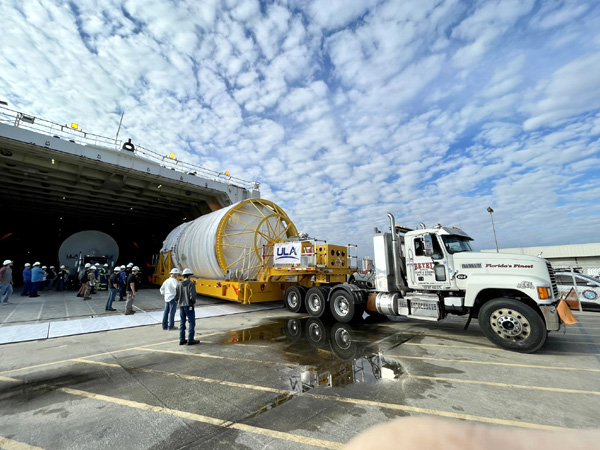 The Centaur V upper stage motor is unloaded from ULA's R/S Rocketship at the Port of Canaveral in Florida...on January 22, 2023.