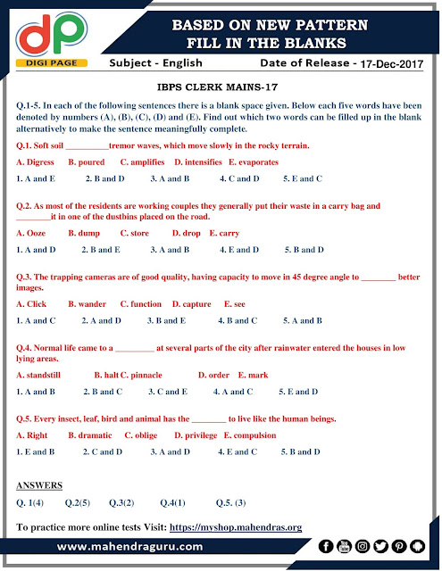 DP | Fill In The Blanks For IBPS Clerk Mains | 17 -12-2017