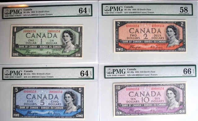 Series 1954 Canadian banknotes with low serial number 00000154