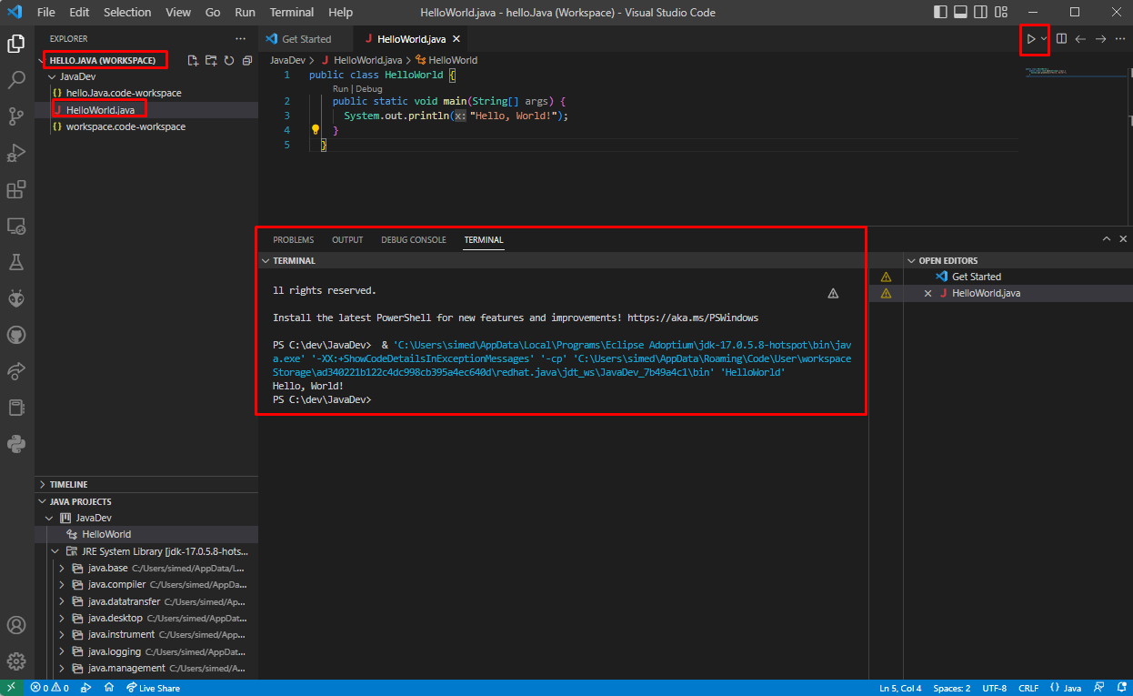 Open Visual Studio Code -> Create a new workspace -> Create a file with extension java-> implement the code -> build the code -> see the result in terminal