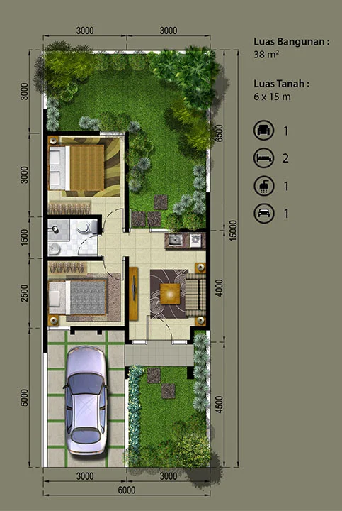 Denah rumah minimalis ukuran 6x15 meter 2 kamar tidur 1 lantai