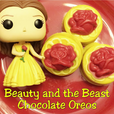 Beauty and the Beast chocolate covered Oreo cookies.  What a fun idea for a Beauty and the Beast birthday party or for a treat after watching the new movie! I think the girls would LOVE these yummy chocolate cookies to celebrate with.