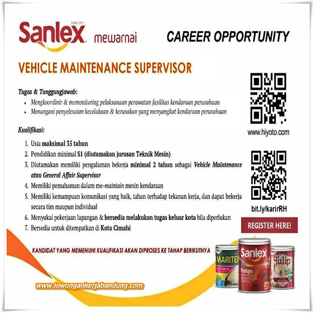 Loker Bandung Vehicle Maintenance Supervisor Sanlex