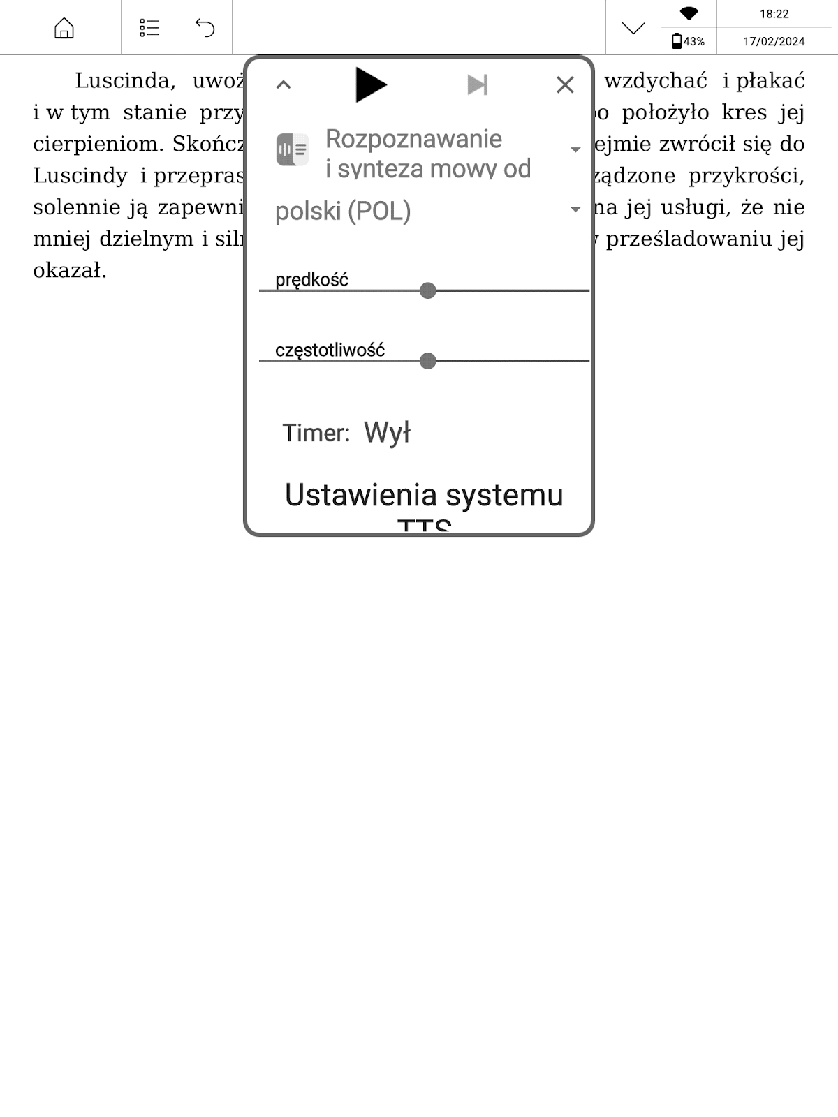Panel sterowania TTS w aplikacji PocketBook Reader na PocketBook InkPad X Pro