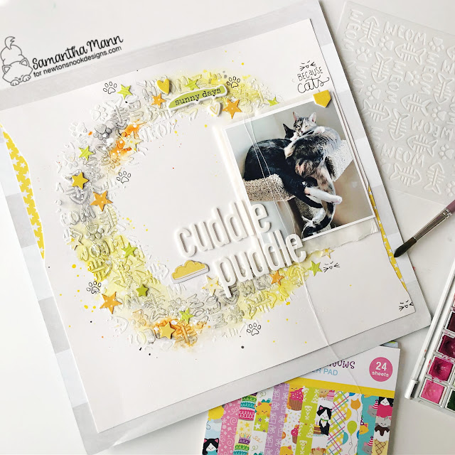 Cuddle Puddle Scrapbook Layout by Samantha Mann | Cat-itude Stamp Set, Meow Stencil, Sky Scene Builder Die Set and Birthday Meows Paper Pad by Newton's Nook Designs #newtonsnook #handmade