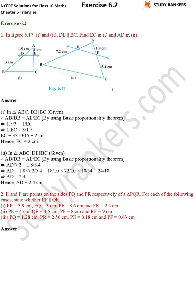 NCERT Solutions for Class 10 Maths Chapter 6 Triangles Exercise 6.2 Part 1