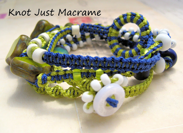 Macrame wrap bracelet in blue and chartreuse