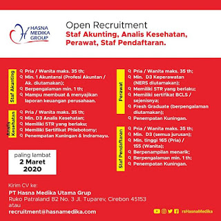 Open Recruitment Staf Akunting, Analis Kesehatan, Perawat, Staf Pendaftaran Hasna Medika Group