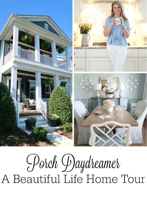 A gorgeous Charlotte, NC style home featuring three porches each with their own personalities.  A lovely soft blue and blush pink interior with many DIYs included. Tracey has designed and created an amazing home filled with life, tradition, and coastal touches.