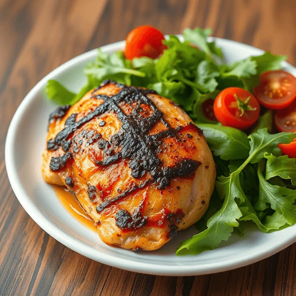 Crispy chicken thighs plated with fresh salad, cherry tomatoes, and a drizzle of dressing.