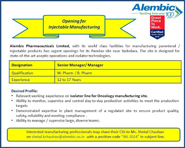 Alembic Pharmaceuticals Hiring For Senior Manager/Manager