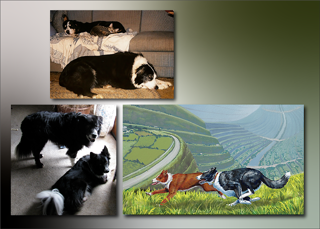 Four dogs from the family’s past – 2 from the Norwood side and 2 from the Gephardts – all have those distinctive black-and-white markings. Also included: a painting by Lucy A. Synk of Jan’s fictional XK9 mates Elle and Tuxedo, reveals that they look extraordinarily like a red border collie and a black-and-white one.