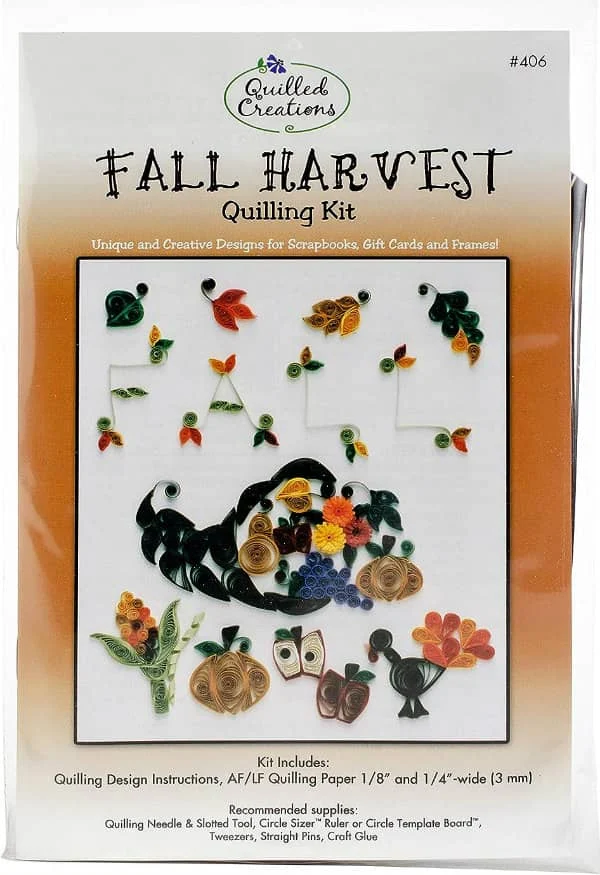 fall harvest quilling kit package with cover image showing autumn motif designs.