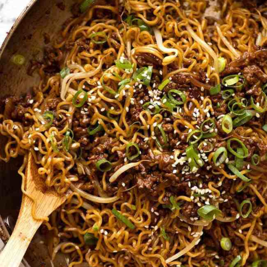 beef ramen in a skillet