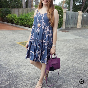 awayfromblue instagram | summer style tiered sundress kmart blue pink print with purple mini mab bag