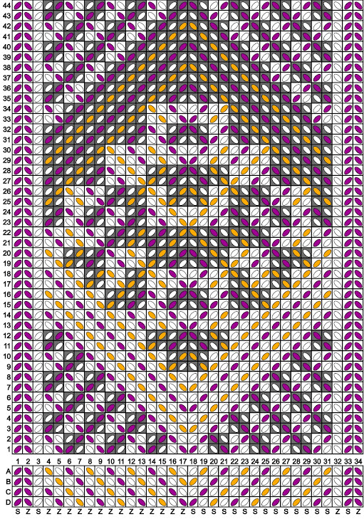A 34 cell wide and 40 cell wide grid with grey or white squares containing purple, white or yellow ovals to show the turning sequence for the motif, with a 4 cell high by 34 cell wide grid below to show the tablet threading.