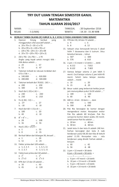 Download Soal UTS Ganjil Matematika Kelas 5 Semester 1 