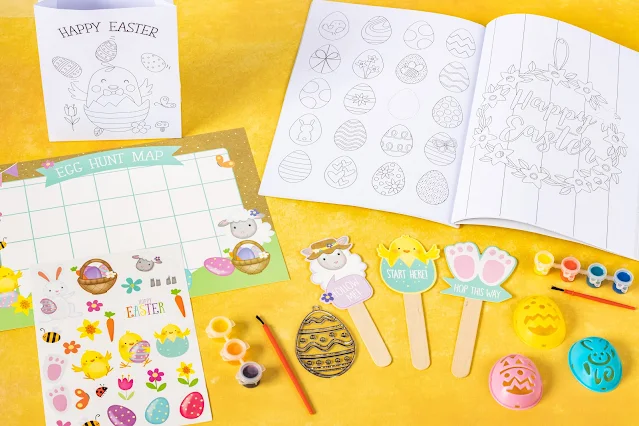 Easter crafts from Ryman including an egg stencil kit, suncatcher and colouring book