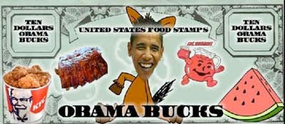 Racist Obama bucks depict Senator Barack Obama with stereotypical black food