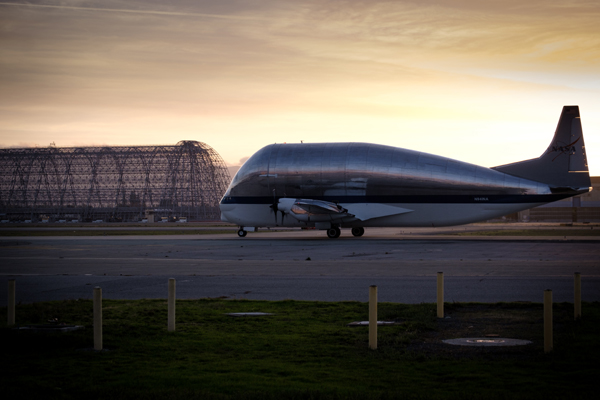 The Super Guppy cargo plane carrying the heat shield for NASA's Orion Artemis 4 capsule arrives at Moffett Federal Airfield in California...on November 9, 2021.