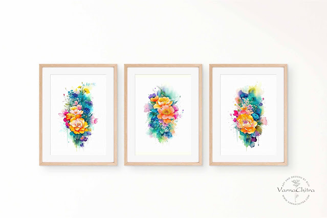 Elegant watercolor flower paintings, set of three by varnachitra