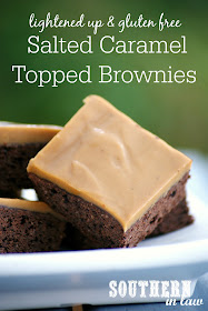 Healthier Salted Caramel Topped Brownie Recipe - healthy, lightened up, healthier, gluten free, salted caramel frosting, low fat, lower sugar, low calorie, healthier birthday cake recipes