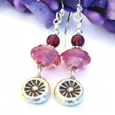 fine silver, pink lampwork and garnet earrings