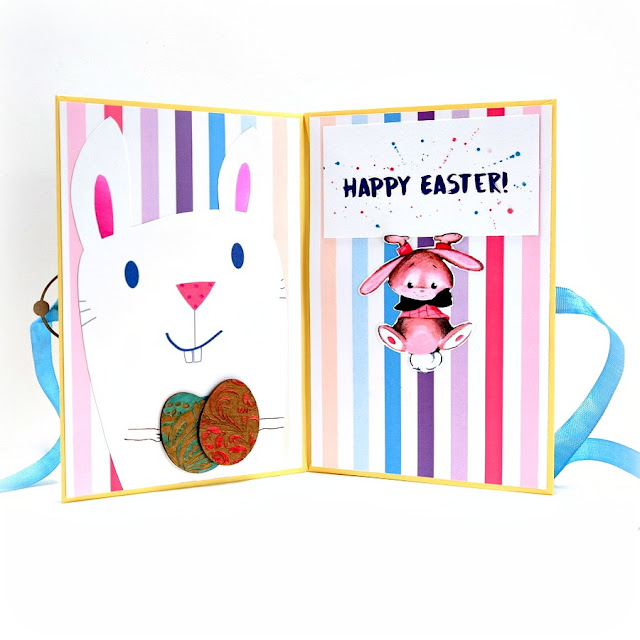 Happy Easter Greeting Card Mini Album Bunny and Decorated Eggs Pages 3 and 4