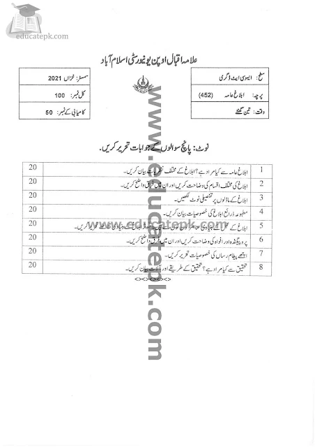 Aiou Past Papers BA 452 Spring 2021