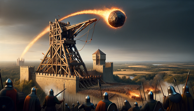 An illistratation of a trebuchet on a castle with mediaeval soldiers around.