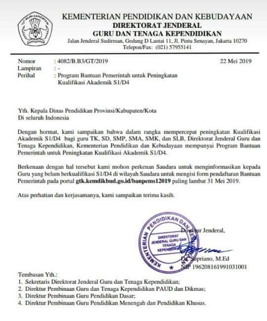  Program Bantuan Pemerintah Untuk Peningkatan Kualifikasi Akademik s1/d4 Tahun 2019 (Beasiswa Kuliah s1 Untuk Guru Yang Belum s1 Tahun 2019) 