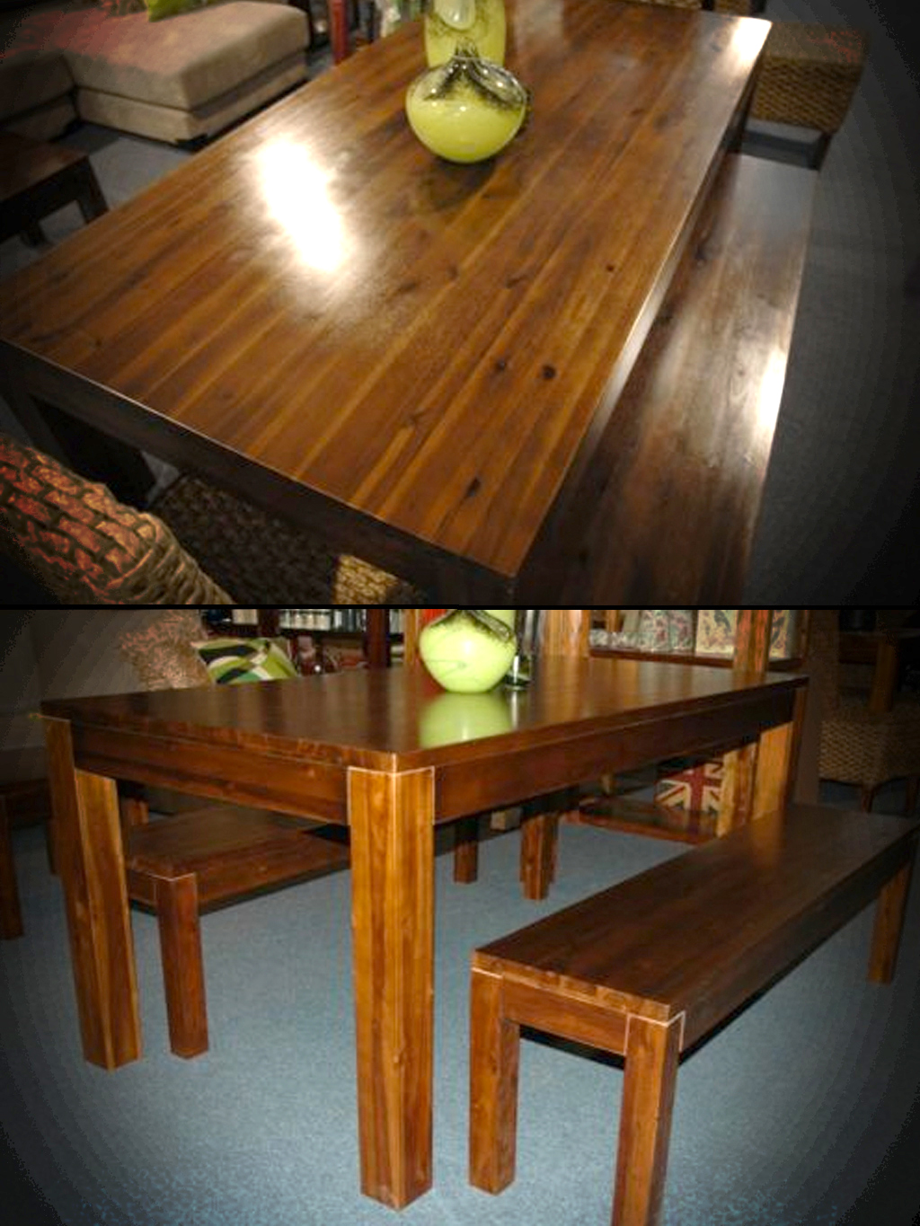 Solid Blackwood dining table (1.8m) & 2 benches.