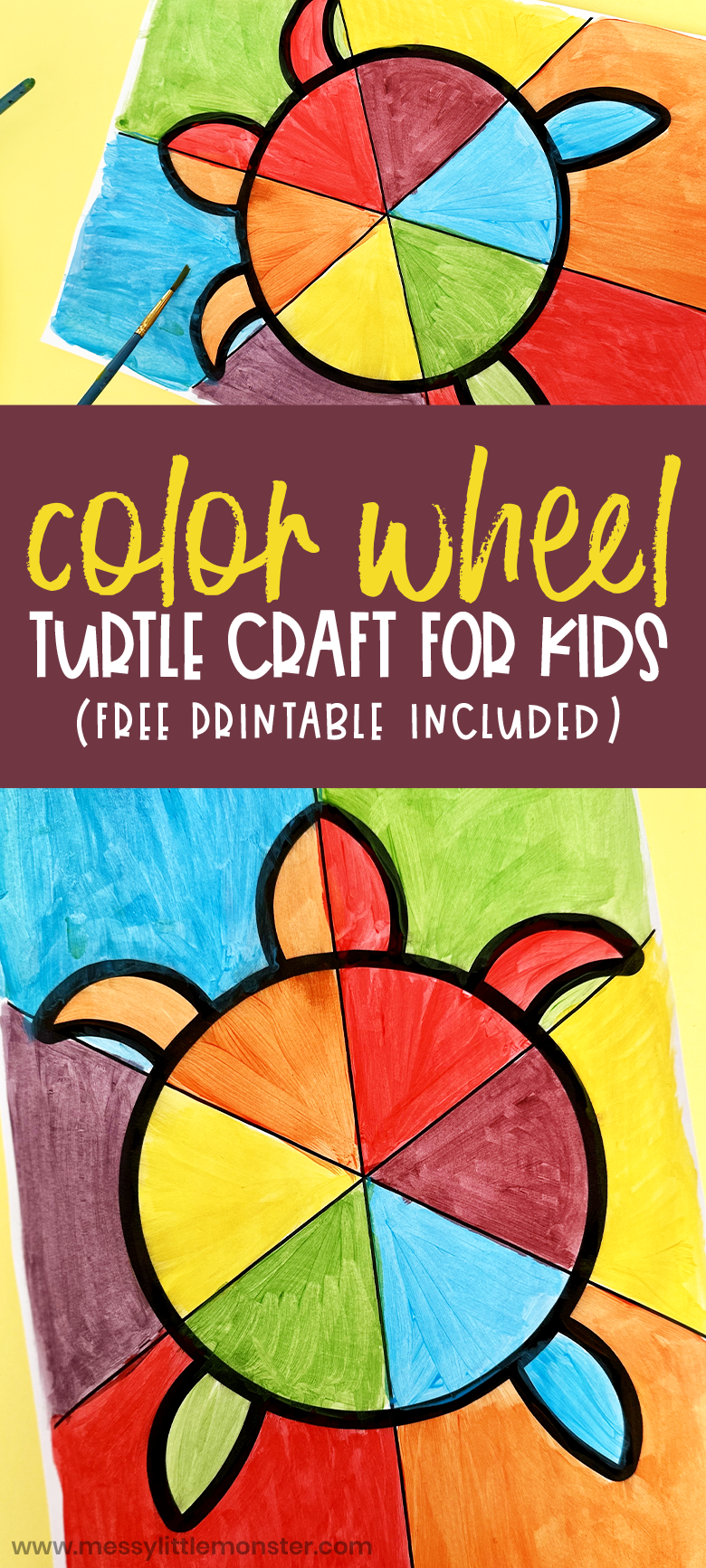How to make a color wheel for kids. Use our free printable color wheel template to make this turtle craft