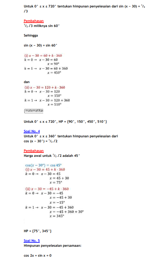 Contoh Soal Trigonometri Persamaan Dan Cosinus Lengkap Jawabannya