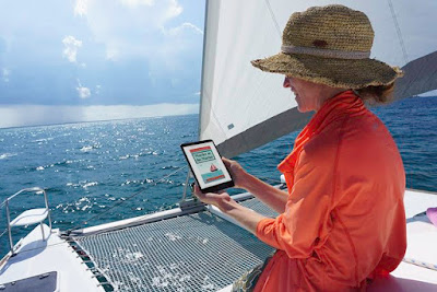 Ellen Jacobson's Operation Awesome Debut Author Spotlight and Emerging First Book -- My friend Lucy reading Murder at the Marina on her catamaran #boating #reading