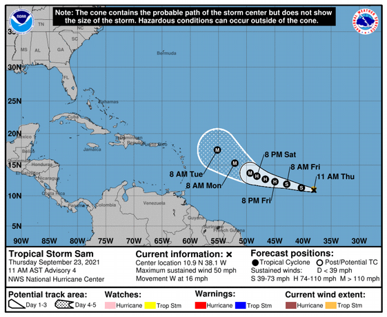 Se forma la tormenta tropical Sam y podría convertirse en un huracán mayor