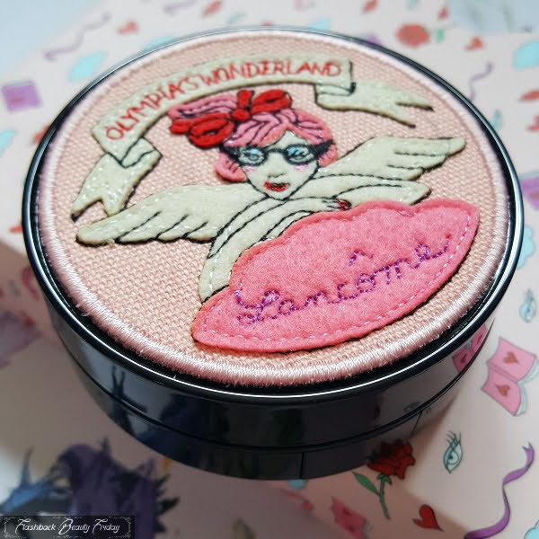 makeup compact with pink cherub applique and embroidery scene