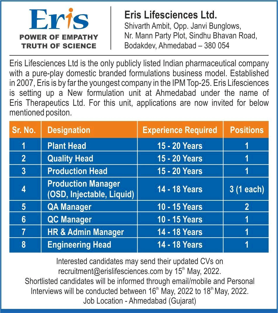 Job Availables,Eris Lifesciences Ltd Job Vacancy For QC/ Production/ HR & Admin/ Engineering