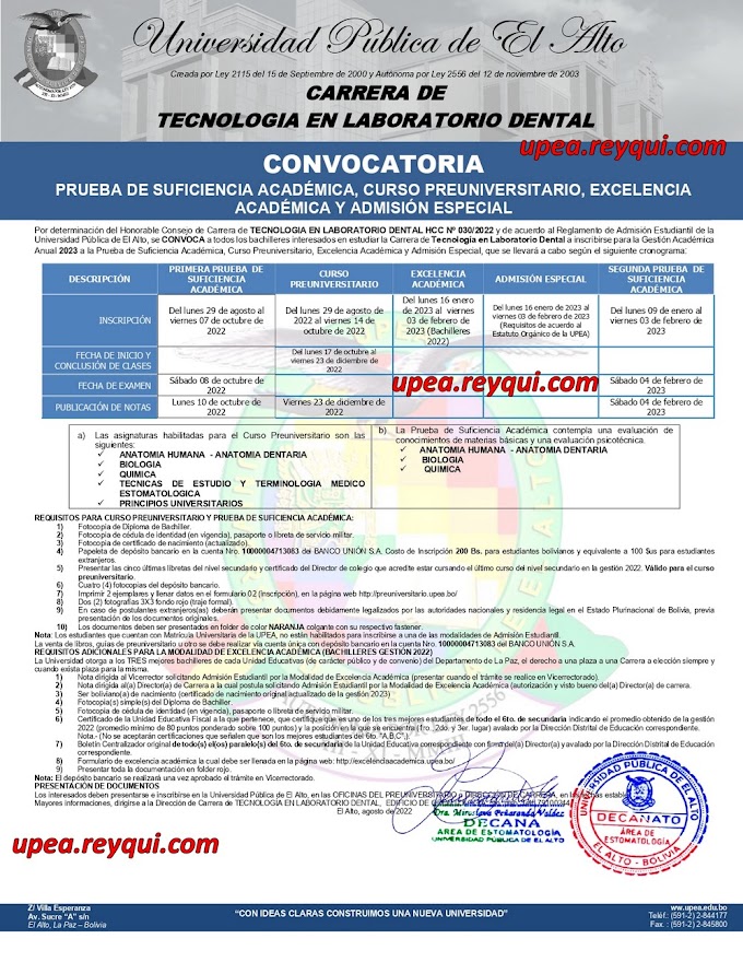 Tecnología en Laboratorio Dental UPEA 2023: Convocatoria a la Prueba de Suficiencia Académica y Curso Preuniversitario