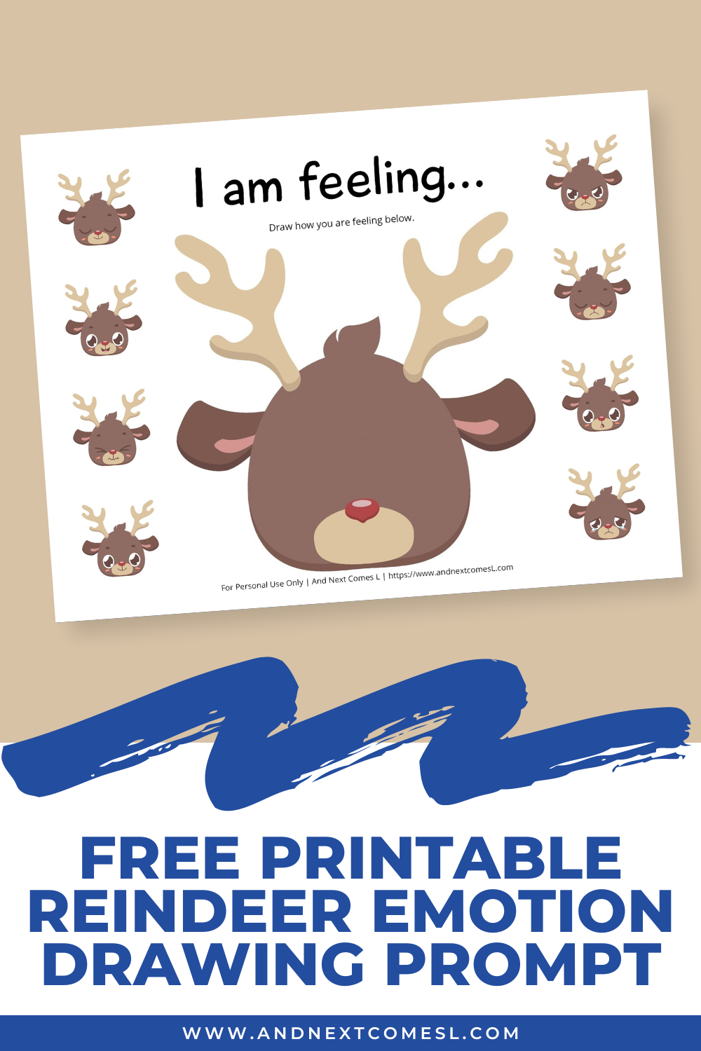 Free printable reindeer emotion drawing prompt for kids
