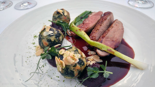 Honey glazed duck breast with red cabbage and prune purée, spinach-almond dumplings, scallions and red wine sauce
