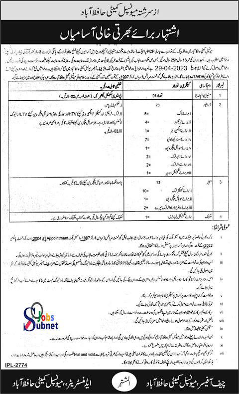 Municipal Committee Jobs 2023 Hafizabad