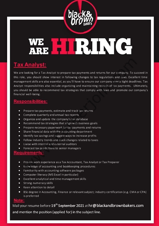 Black & Brown Bakers Latest Jobs For Tax Analyst 2021