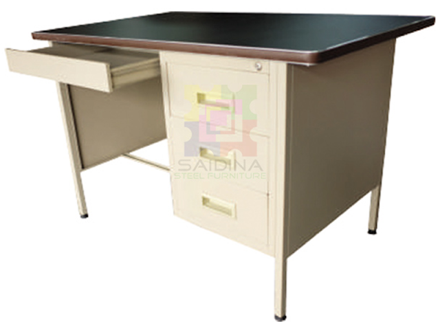 Meja Besi 4 kaki Berlaci dengan Top Linoleum Hitam | 4′ Single Pedestal Steel Desk (Black Linoleum Top) | Model: S102/LT